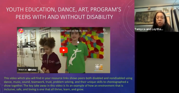 screenshot of video and person speaking in a zoom meeting room. Text reads: YOUTH EDUCATION, DANCE, ART, PROGRAM'S PEERS WITH AND WITHOUT DISABILITY