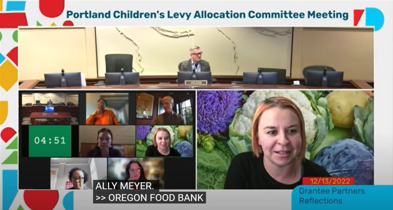 Screengrab from 12/13/2022 allocation committee meeting with Ally Meyer to discuss grantee partners reflections