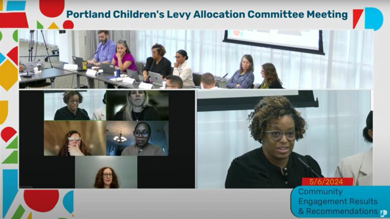 Collage of images showcasing the Portland Children's Levy Allocation Committee Meeting from 5/6/2024 discussing Community Engagement Results & Recommendations. One image showing a panel discussion, another showing a zoom call with multiple members on the screen, and the last image showing a council woman discussing a topic.