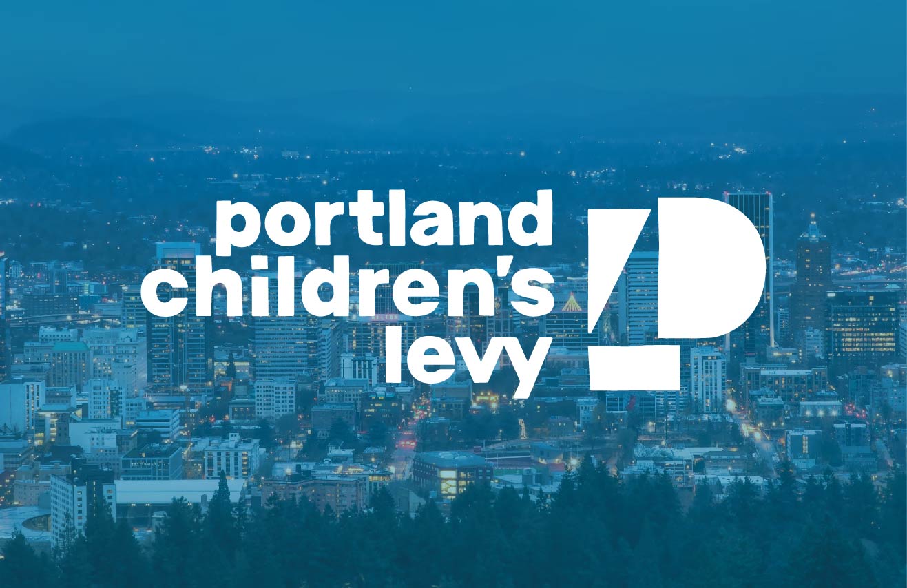Portland Children's Levy logo in white on a background image of the city of Portland