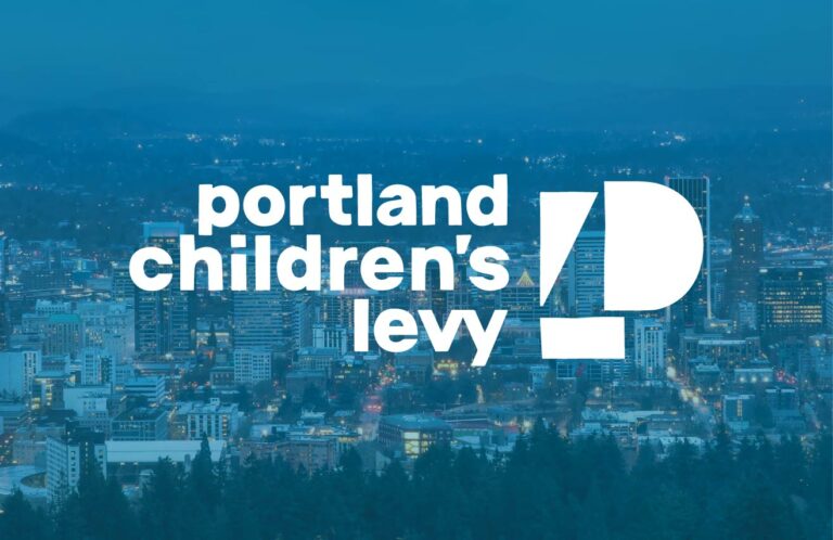 Portland Children's Levy logo with cityscape background