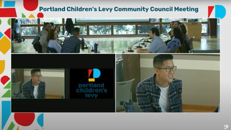 image from PCL Community Council meeting on May 29, 2024, with a large group view at the top, and zoomed in view below of Community Council member Stephen Pham