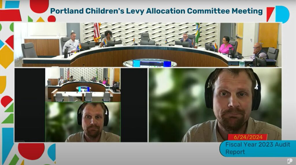 Image from Allocation Committee meeting June 24, 2024. In the bottom right, Craig Popp, audit manager from Merina + Co., presents the results of their annual compliance examination. Along the top is an image of the temporary Council Chambers and the Allocation Committee members.