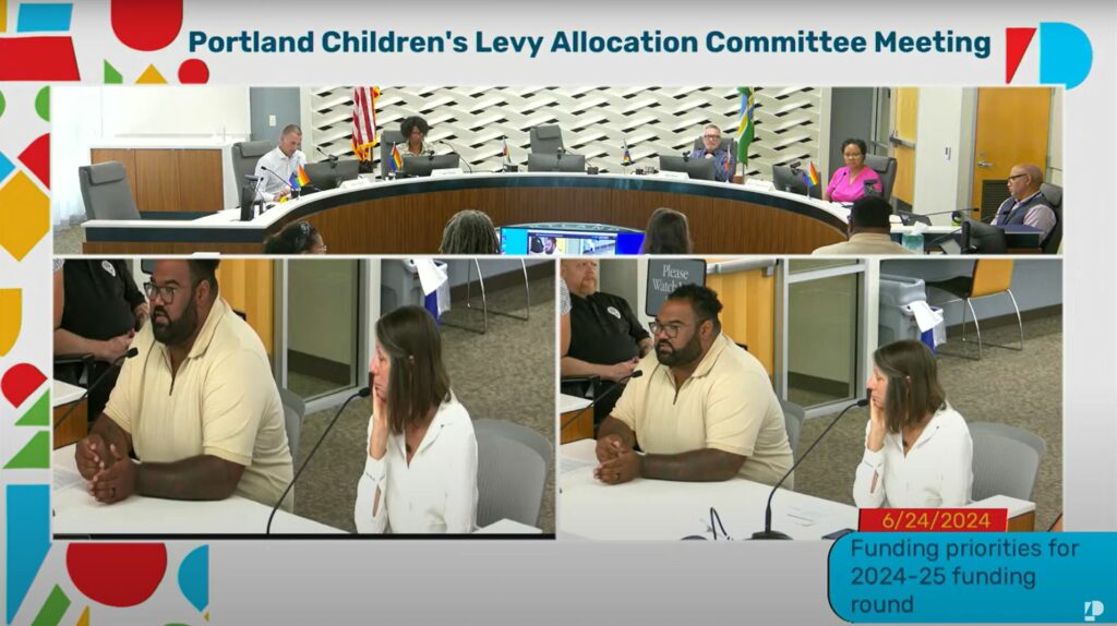 Image from Allocation Committee meeting June 24, 2024. In the bottom, Community Council member Jacob Valentine speaks about workforce readiness programs, while seated next to PCL Director Lisa Pellegrino. Along the top is an image of the temporary Council Chambers and the Allocation Committee members.