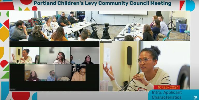 screenshot from Oct. 25, 2024 Community Council meeting, showing an image from the meeting room at the top, virtual attendees in the bottom left, and council member Karina Bjork speaking in the bottom right.