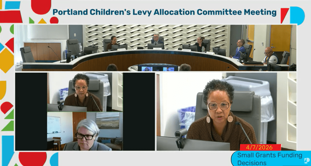 screenshot from April 7, 2026 Allocation Committee meeting, with member Felicia Tripp Folsom seated at a dais and talking into a microphone.