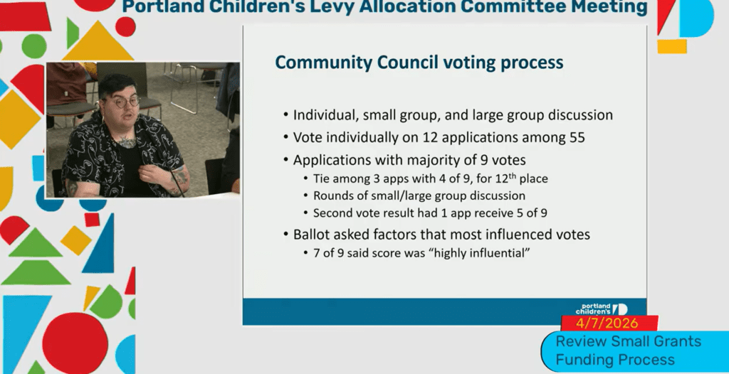screenshot from April 7, 2026 Allocation Committee meeting, with PCL Community Council member Alix Sanchez (left) seated at a table and talking into a microphone while presenting a slide deck. The slide displayed on the screen describes the voting process used by Community Council members to decide which 12 small grants to recommend to the Allocation Committee for funding.