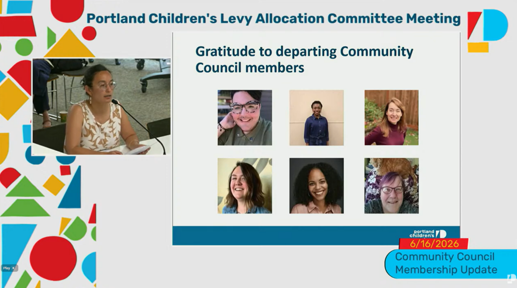 screenshot from June 16 2026 Allocation Committee meeting, PCL Community Engagement and Policy Coordinator Katrina Peterson (left) sits at a table. On the right side, a slideshow displays photos of six departing Community Council members.