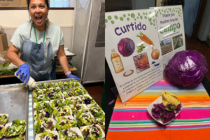 Left: photo of person standing in school cafeteria in front of a tray of garden salads in small, paper sampler trays. The person is adding dressing from a squeeze bottle to the samples. Right: Two signs that explain the ingredients in curtido, like the purple cabbage on the right of the table. A small, paper sampler tray with curtido is in the foreground on top of a multi-colored placemat.